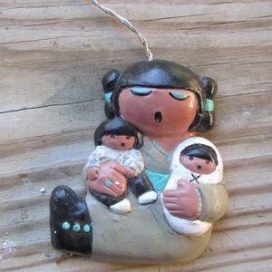 Vintage Signed RENNER Eskimo Girls Mom Kids Pottery Clay Christmas Ornament